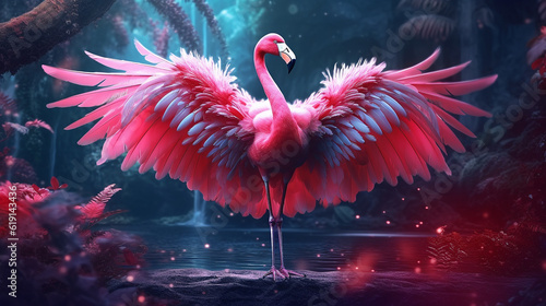 Pink flamingo beautiful in the  fantasy forest.Generative Ai.