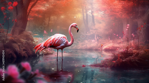 Pink flamingo beautiful in the fantasy forest.Generative Ai.