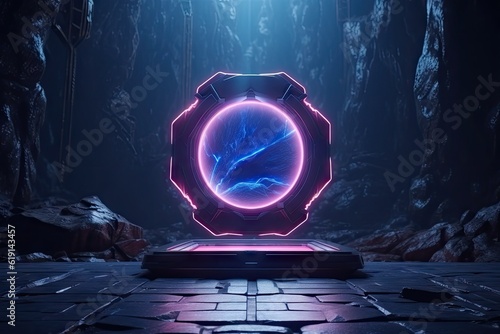 Abstract portal stone gate with neon glowing light in the dark space landscape of cosmic, rocky mountain stone field, spectrum light effect, with Generative Ai. photo