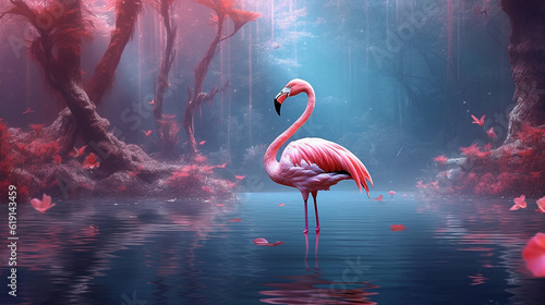 Pink flamingo beautiful in the fantasy forest.Generative Ai.