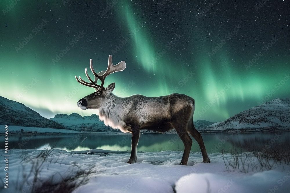 Reindeer in the snow with aurola light.Generative Ai. Reindeer in the snow with aurola light.Generative Ai.