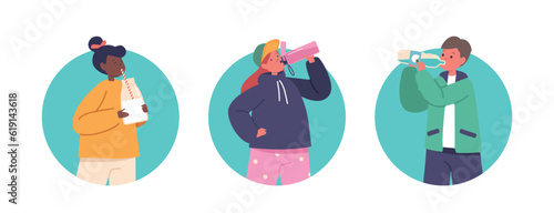 Isolated Round Icons or Avatars with Baby Characters Drink Water, Juice or Milk. Little Children with Glass and Bottle