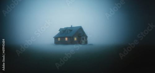 illustrazione Generative Ai di piccolo capanno, cottage avvolto da una fitta nebbia, luci alle finestre, landa scura e desolata photo