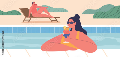 Relaxing Poolside, Woman Character Sips On Her Cocktail, Enjoying The Refreshing Drink While Soaking Up The Sun