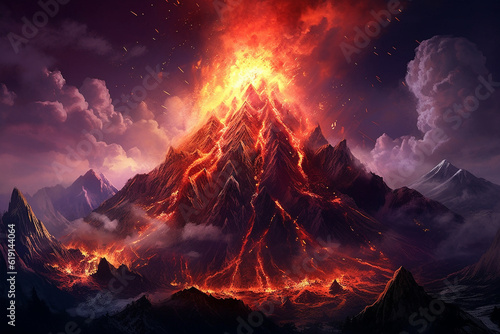 Beautiful landscape volcano eruption.Generative Ai.