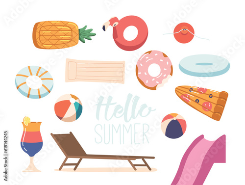 Set of Summer Elements. Daybed, Inflatable Rings and Mattresses, Cocktail, Beach Ball and Water Slide Isolated on White