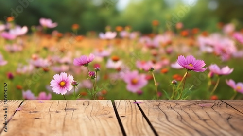 wooden table with cosmos flower background.Generative Ai.