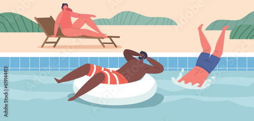 Characters Enjoy Swimming And Relaxing In Pool, Seeking Refreshment And Leisure. Water Offers Soothing Escape From Heat