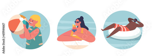 Isolated Round Icons Or Avatars With Man, Woman And Child Characters Swim And Rest In A Pool, Enjoying The Cool Water