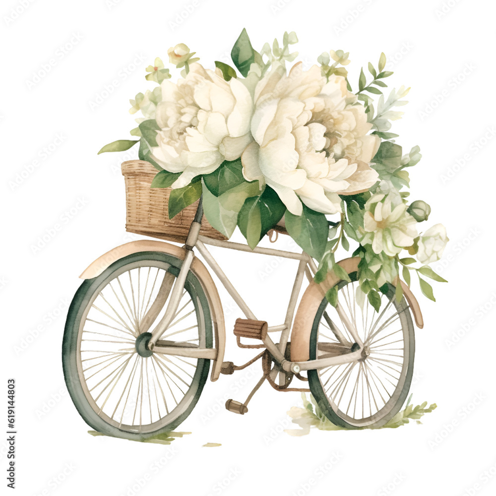 Watercolor bicycle with white peonies illustration. Generative AI, png image.