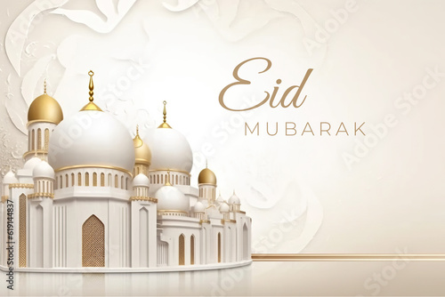 A large white and gold building with gold domes. Generative AI. Eid Mubarak.