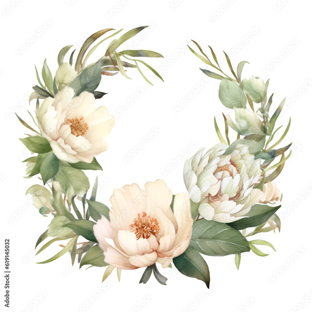 Watercolor wreath with white peonies illustration. Generative AI, png image.