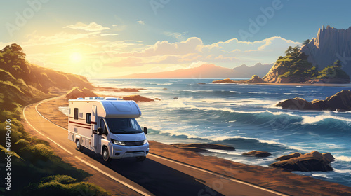 Motorhome driving under the sunlight by the coastline. Driving by the beach under the sunlight on a beautiful day illustration.