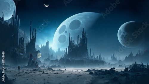Lunar Metropolis Moons Rise over the Artificial Cityscape of a Rocky Planet