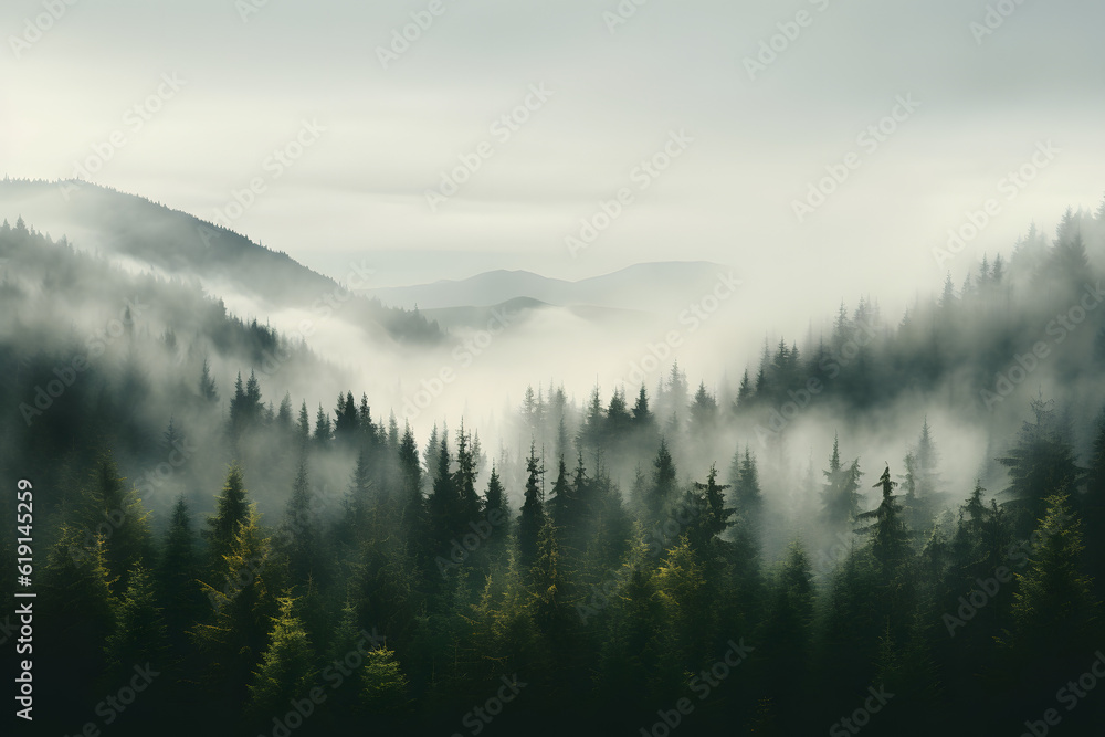 A mysterious forest with tall, dark trees shrouded in a foggy mist. A place of serenity and beauty, the perfect spot to escape the hustle and bustle of everyday life.