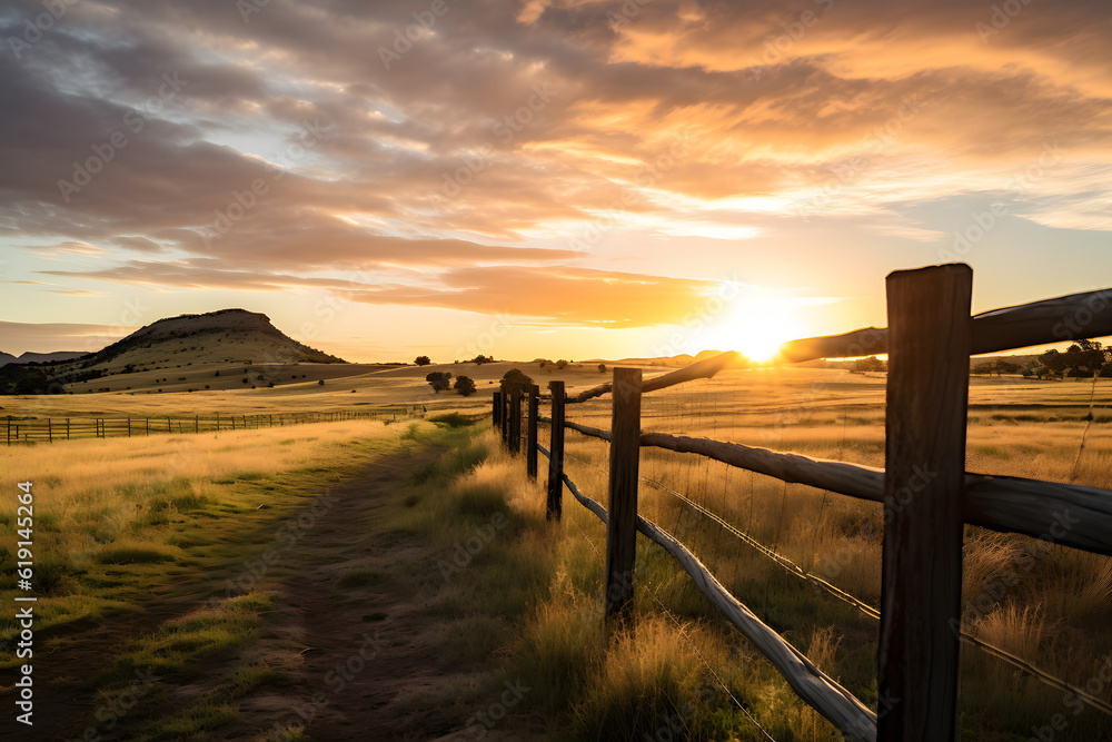 A stunning scene of a rustic fence in a golden field, lit up by a beautiful sunset. The perfect backdrop for a peaceful evening.