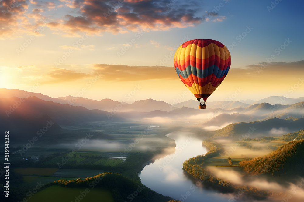 A colorful hot air balloon soars over a winding river, providing a breathtaking view of nature's beauty. Enjoy the peacefulness of the moment and the serenity of the landscape.
