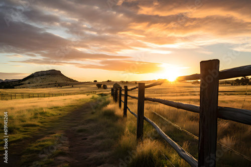 A stunning scene of a rustic fence in a golden field, lit up by a beautiful sunset. The perfect backdrop for a peaceful evening.