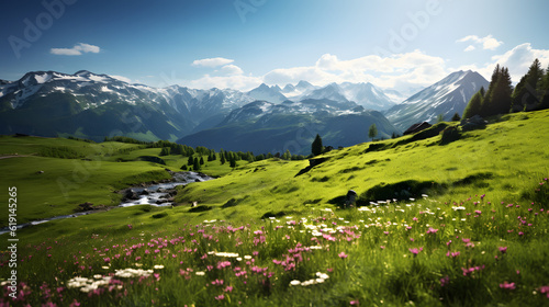 A lush green field filled with wildflowers and rolling mountains in the distant background. A peaceful and tranquil scene, perfect for a day of relaxation and enjoyment.