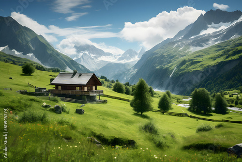 A cozy house perched on a hilltop, surrounded by majestic mountains and lush greenery. A perfect spot to relax and take in the natural beauty.