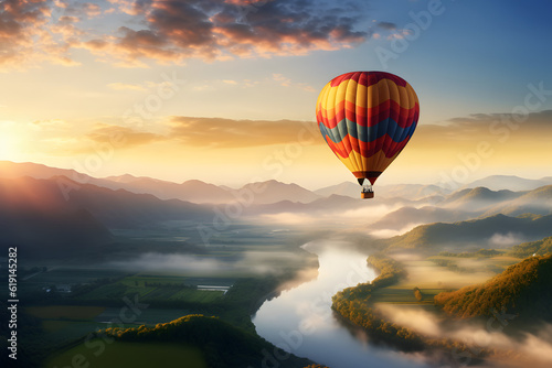 A colorful hot air balloon soars over a winding river, providing a breathtaking view of nature's beauty. Enjoy the peacefulness of the moment and the serenity of the landscape. © Pierre