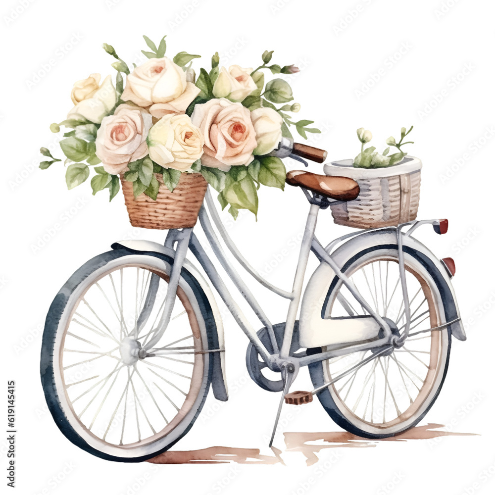Watercolor bicycle with white roses illustration of white peonies. Generative AI, png image.