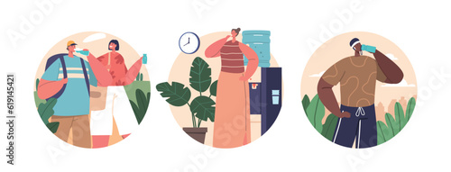 Isolated Round Icons or Avatars of Characters Drink Water in Park, Office and during Exercises To Stay Hydrated