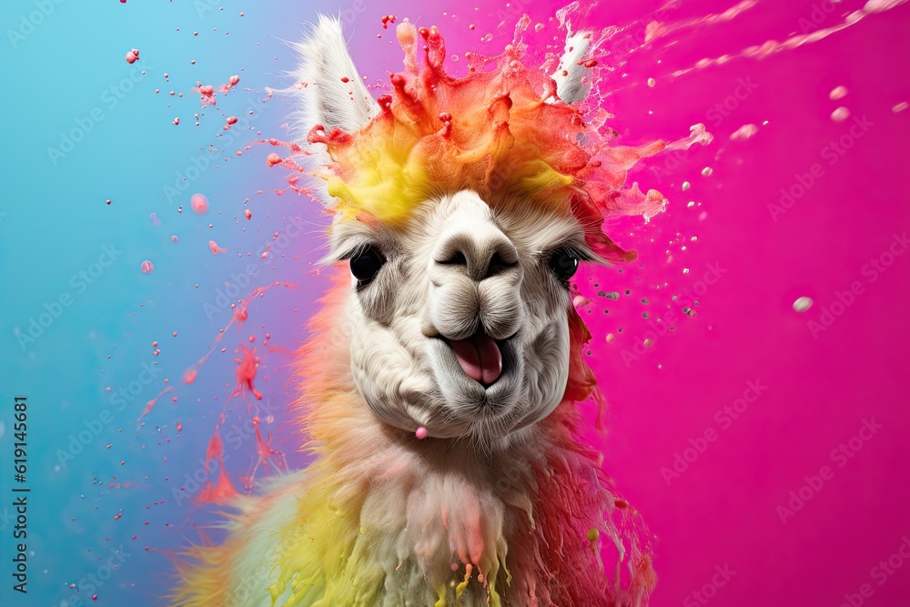 Vibrant and whimsical alpaca showcasing a burst of colors in a creative and imaginative setting.Generative AI