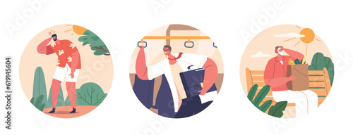 Isolated Round Icons with Heat-exposed Characters Endure Discomfort, Dehydration, Dizziness, Exhaustion