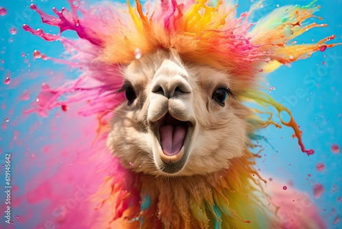 Vibrant and whimsical alpaca showcasing a burst of colors in a creative and imaginative setting.Generative AI