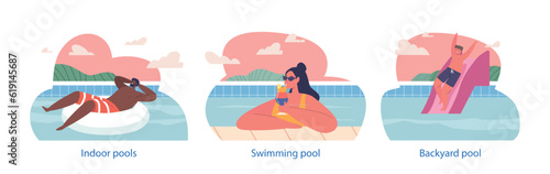 Isolated Elements with Characters Enjoy Swimming And Relaxing In Pool, Soaking Up The Sun, And Taking Refreshing Dips