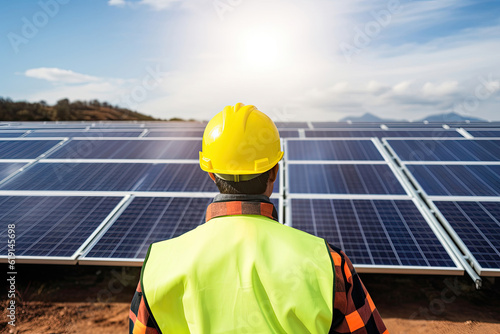 Back view of an engineer standing near the solar panels, Generative AI