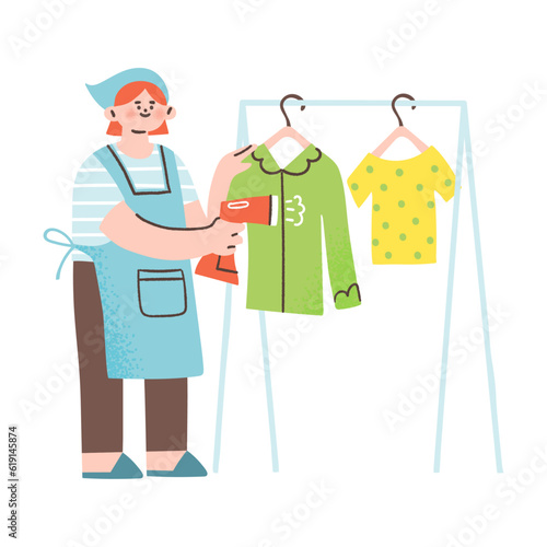Woman steaming clothes. Vector illustration of a housewife or housekeeper using garment steamer. Household chores concept. Isolated on white background.