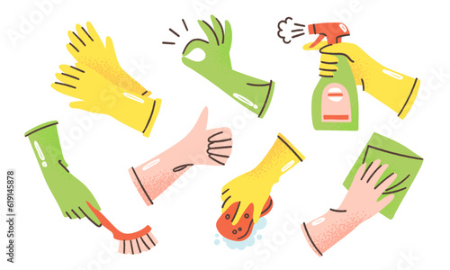 Set of rubber gloves holding spray bottle, brush and showing various gestures. Vector illustration of housework concept. Hands wearing latex gloves for cleaning the house. Elements are isolated.