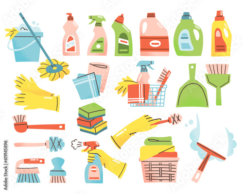 Set of cleaning supplies including detergent bottles, gloves, brushes, sponges and mop. Vector illustration of housework items. Cleaning tools concept. Elements are isolated on white background.