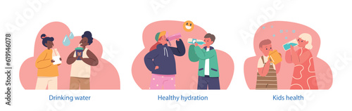 Isolated Elements with Kids Drinking Clean Water. Little Boys and Girls Characters with Cups and Bottles Enjoying Drinks