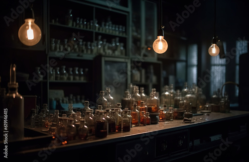 A bunch of bottles sitting on top of a counter. AI generative hunted pharmacy, Halloween display.