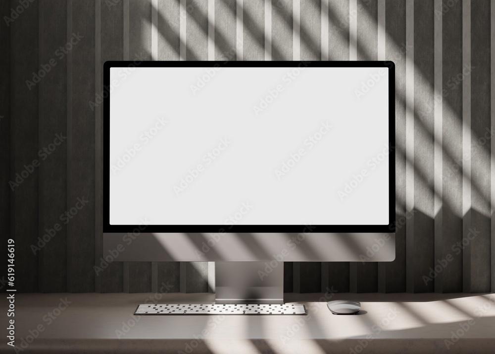 Workspace Computer Blank Screen on concrete, Mockup template.