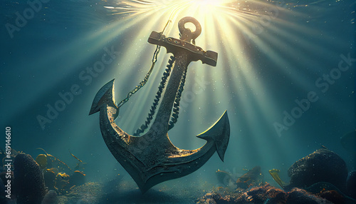 Anchor on the sea. Illustration of big iron anchor underwater view Ai generated image  photo