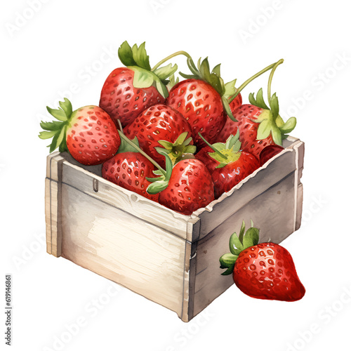 Illustration of a crate of strawberries in watercolor. Generative AI, png image.
