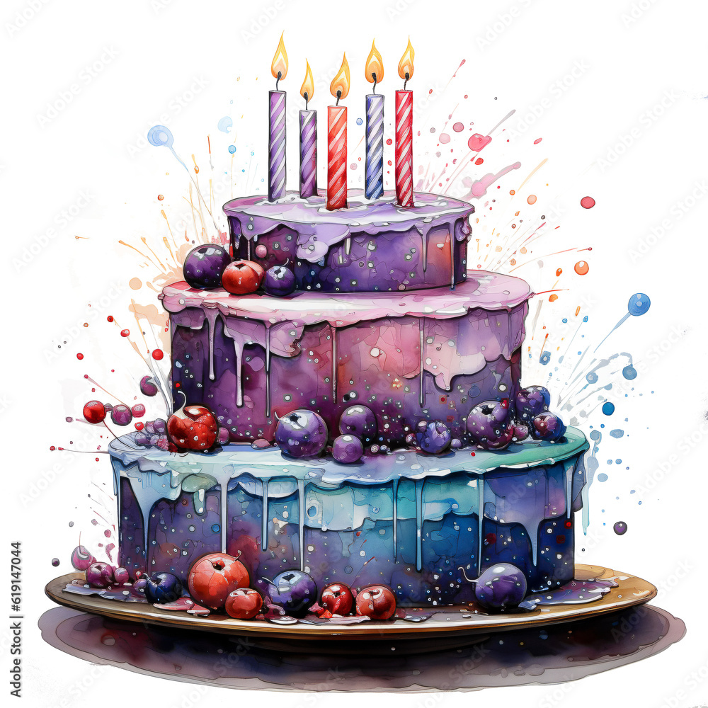 birthday cake with candles in watercolor design isolated against ...