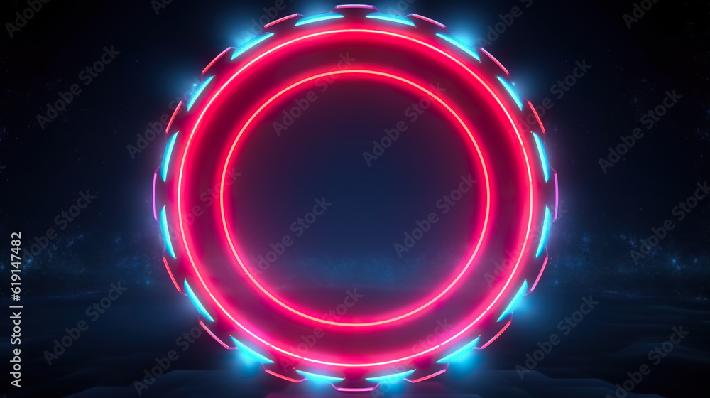 A neon circle with blue and red lights. Generative AI.