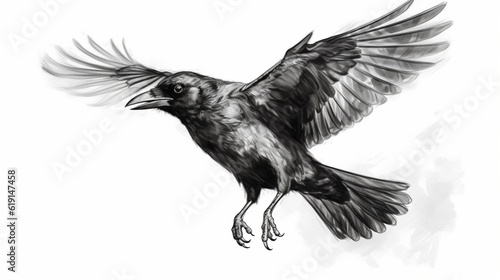 isolated black and white illustration of a flying bird.Generative AI.
