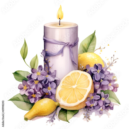 Illustration of candle with lemon and lilac watercolor. Generative AI  png image.
