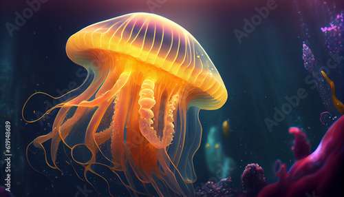 Beautiful underwater illustration with golden jelly fish Ai generated image © PixxStudio