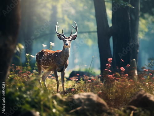Image of an adult wild deer in nature. Free to find food in the forest without interference from humans.
