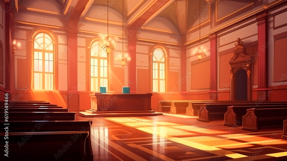 Courtroom interior. Empty Courthouse room interior. Law and Justice concept. Generative AI