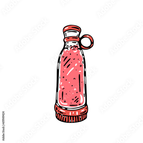 Blender bottle with pink smoothie. Doodle style.