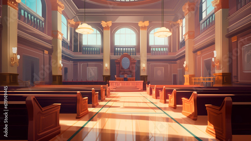 Courtroom interior. Empty Courthouse room interior. Law and Justice concept. Generative AI