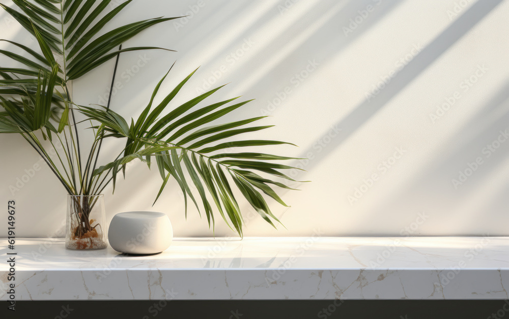 Fototapeta premium Background for luxury organic cosmetic, skin care, and beauty treatment product display in modern basic white marble stone counter table top with bamboo palm tree in sunlight and leaf shadow on wall 